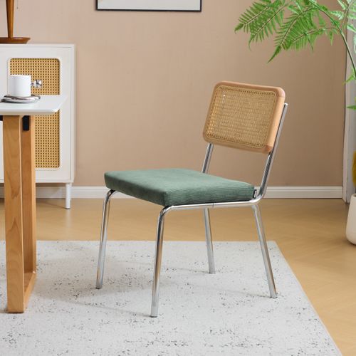 Lot De 2 Chaises En Métal Chromé, Cannage Naturel Et Velours Côtelé Vert - Paula