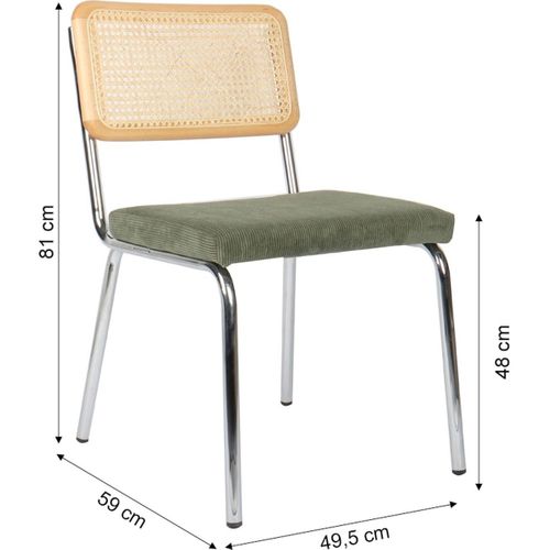 Lot De 2 Chaises En Métal Chromé, Cannage Naturel Et Velours Côtelé Vert - Paula