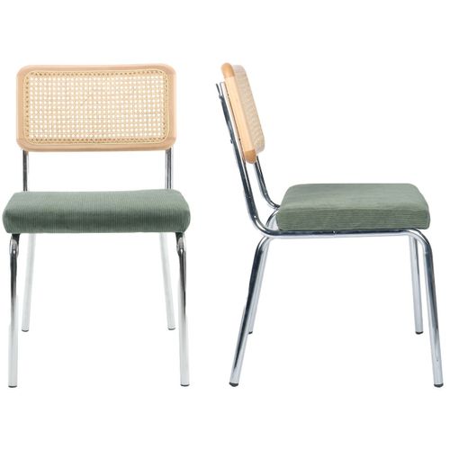 Lot De 2 Chaises En Métal Chromé, Cannage Naturel Et Velours Côtelé Vert - Paula