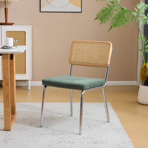 Lot De 2 Chaises En Métal Chromé, Cannage Naturel Et Velours Côtelé Vert - Paula