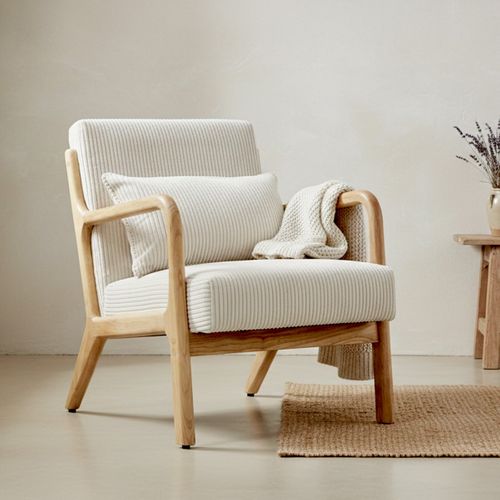 Fauteuil En Bois Et Velours Côtelé Beige - Lanna