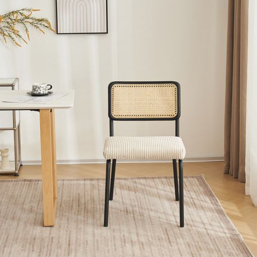 Lot De 2 Chaises En Métal Et Bois Noir, Cannage Naturel Et Velours Côtelé Beige - Paula