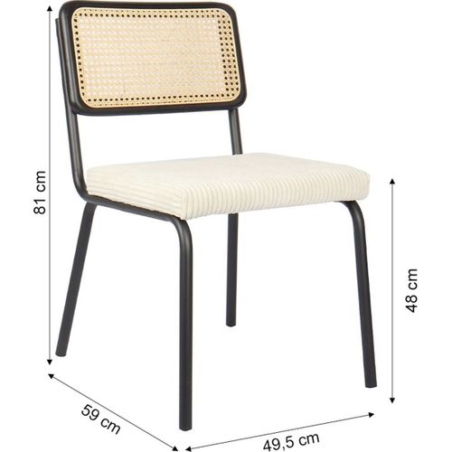 Lot De 2 Chaises En Métal Et Bois Noir, Cannage Naturel Et Velours Côtelé Beige - Paula