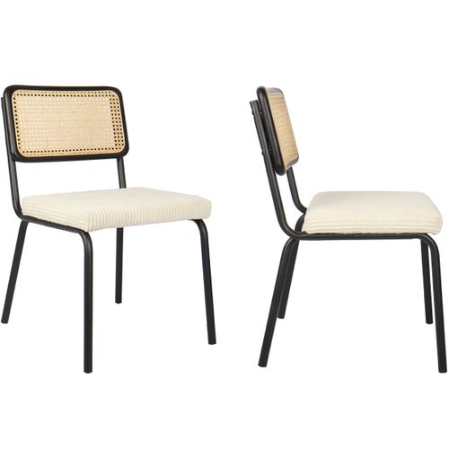 Lot De 2 Chaises En Métal Et Bois Noir, Cannage Naturel Et Velours Côtelé Beige - Paula