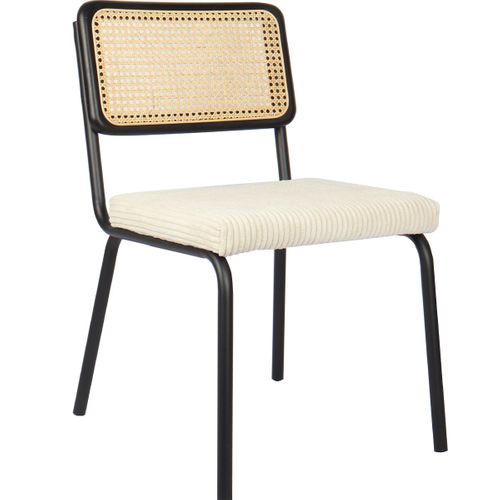 Lot De 2 Chaises En Métal Et Bois Noir, Cannage Naturel Et Velours Côtelé Beige - Paula