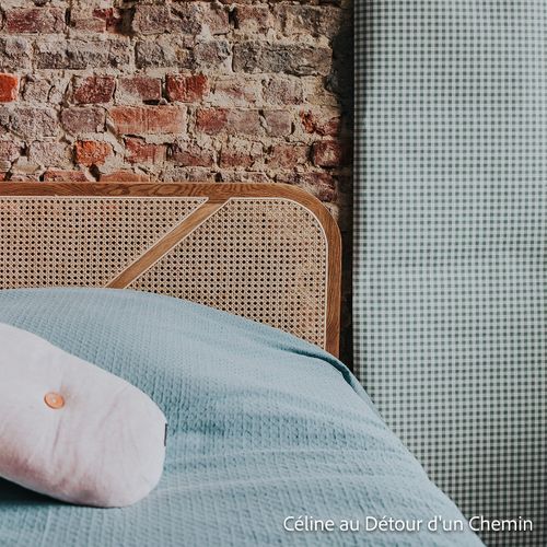 Lit Adulte 180x200 Cm En Placage Chêne Avec Tête De Lit En Bois Massif Et Cannage Naturel - Leonie