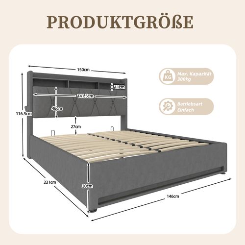 Lit Adulte 2 Places 140×200cm LED-usb Tête De Lit Rangement Relevage Hydraulique Velours Gris