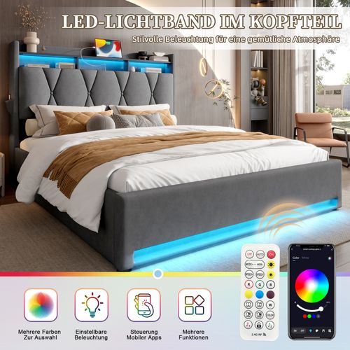 Lit Adulte 2 Places 160×200cm LED-usb Tête De Lit Rangement Relevage Hydraulique Velours Gris