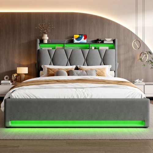 Lit Adulte 2 Places 160×200cm LED-usb Tête De Lit Rangement Relevage Hydraulique Velours Gris