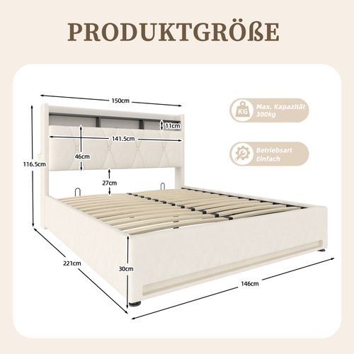 Lit Adulte 2 Places 160×200cm LED-usb Tête De Lit Rangement Relevage Hydraulique Velours Beige
