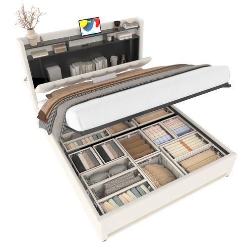 Lit Adulte 2 Places 160×200cm LED-usb Tête De Lit Rangement Relevage Hydraulique Velours Beige