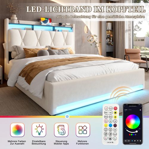 Lit Adulte 2 Places 160×200cm LED-usb Tête De Lit Rangement Relevage Hydraulique Velours Beige