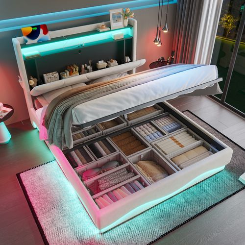 Lit Double 140×200cm Wave LED-usb Tête De Lit Rangement Relevage Hydraulique Velours Beige