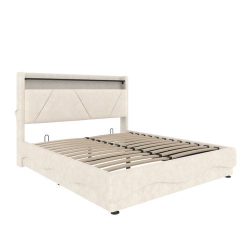 Lit Double 140×200cm Wave LED-usb Tête De Lit Rangement Relevage Hydraulique Velours Beige
