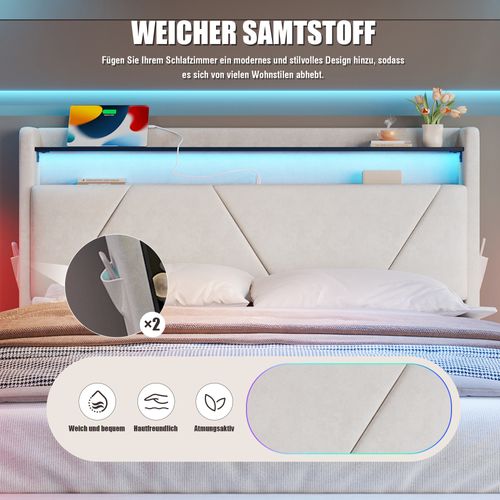 Lit Double 140×200cm Wave LED-usb Tête De Lit Rangement Relevage Hydraulique Velours Beige