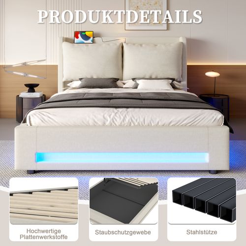 Lit Adulte 140×200cm LED-usb Tête De Lit Épaisse Relevage Hydraulique Velours Beige