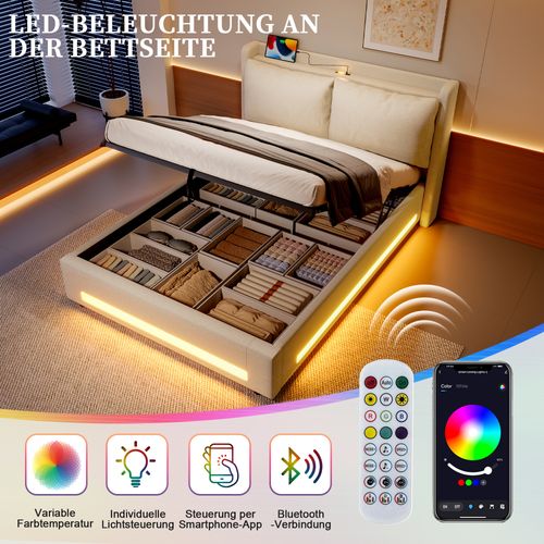 Lit Adulte 140×200cm LED-usb Tête De Lit Épaisse Relevage Hydraulique Velours Beige