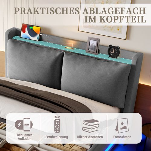 Lit 140×200cm LED-usb Tête De Lit Épaisse Relevage Hydraulique Rangement Sous Le Lit Velours Gris