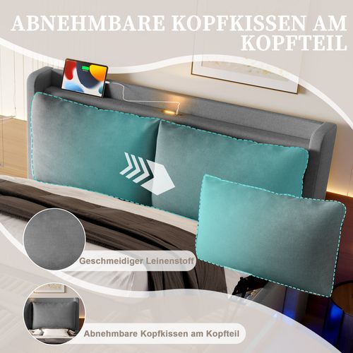 Lit 140×200cm LED-usb Tête De Lit Épaisse Relevage Hydraulique Rangement Sous Le Lit Velours Gris