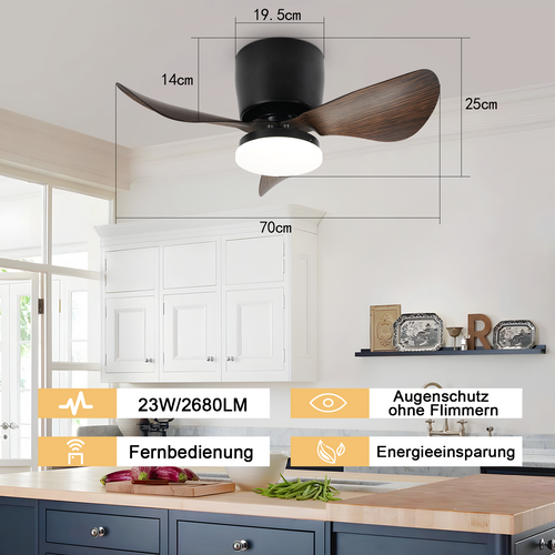 ZMH Ventilateur Plafond LED Moderne 70cm Noir - 23W, Dimmable, Télécommande (6 Vitesses)