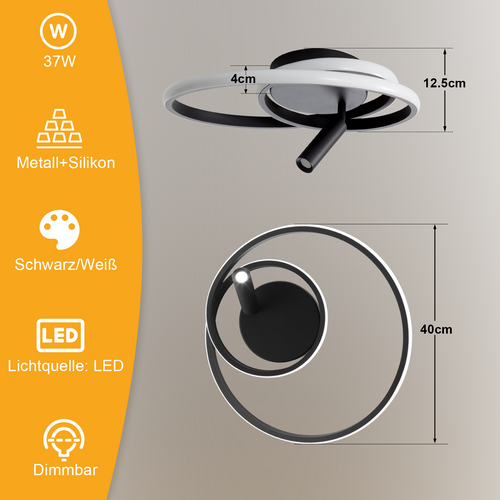 Plafonnier LED Dimmable : 40cm 37w Noir Avec Télécommande Lampe De Cuisine