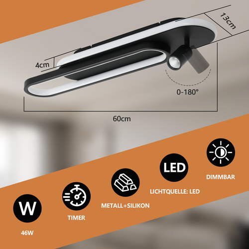 Plafonnier LED De Salon : 46w Noir Dimmable Avec 1 Spot De Plafond Et Télécommande