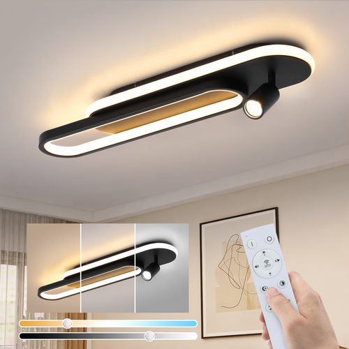 Plafonnier LED De Salon : 46w Noir Dimmable Avec 1 Spot De Plafond Et Télécommande