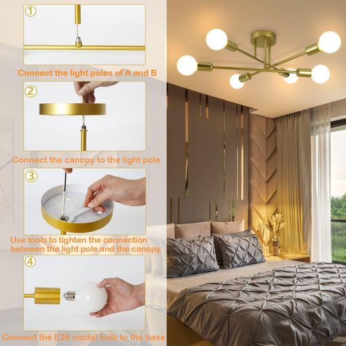 Plafonnier 6 Flammes Doré E27 Métal Industriel