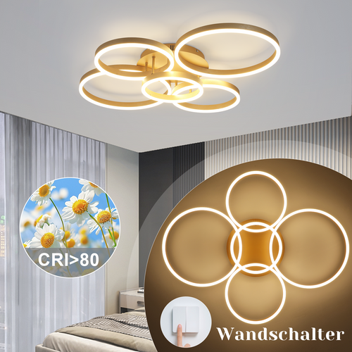 Plafonnier LED Plafonnier Salon : 78w Avec Télécommande 5 Anneaux Lampe De Chambre Dorée