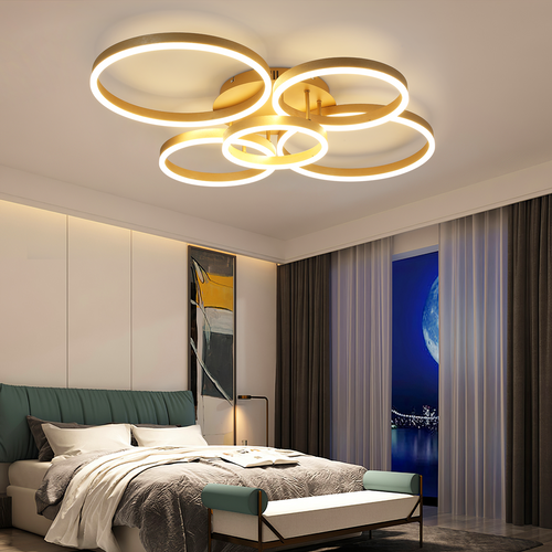 Plafonnier LED Plafonnier Salon : 78w Avec Télécommande 5 Anneaux Lampe De Chambre Dorée