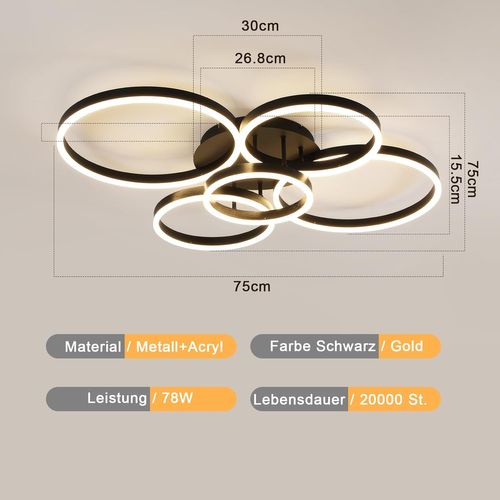 Plafonnier LED Plafonnier Salon : Lampe De Salon Dimmable 78w Avec Télécommande 5 Anneaux