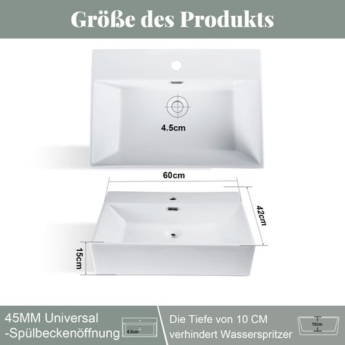 Lavabo Carré En Céramique à Poser 60x42x15cm Blanc