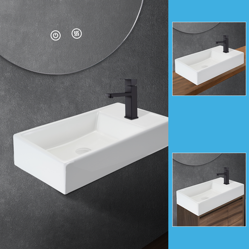 Lavabo Carré En Céramique à Poser, 40x22x10cm, Blanc, Avec Trou Pour Robinet.