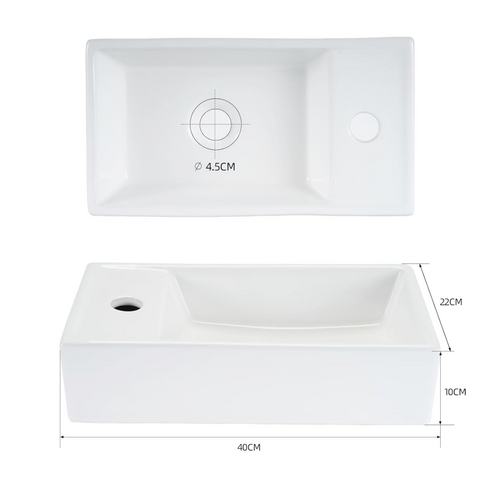 Lavabo Carré En Céramique à Poser, 40x22x10cm, Blanc, Avec Trou Pour Robinet.