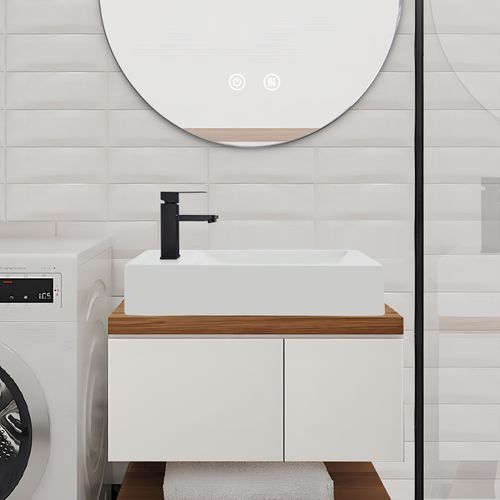 Lavabo Carré En Céramique à Poser, 40x22x10cm, Blanc, Avec Trou Pour Robinet.