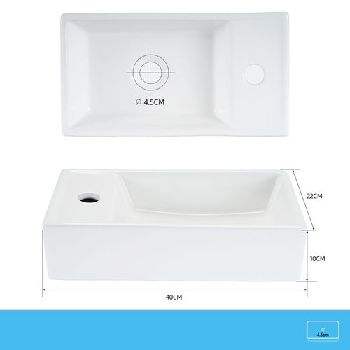Lavabo Carré En Céramique à Poser, 40x22x10cm, Blanc, Avec Trou Pour Robinet.