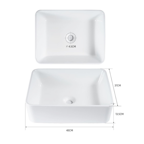 Lavabo Carré Céramique à Poser, 48x37x13,5cm, Finition Nano Effet Lotus, Blanc