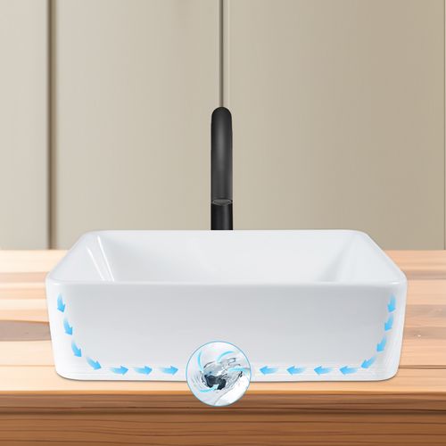 Lavabo Carré Céramique à Poser, 48x37x13,5cm, Finition Nano Effet Lotus, Blanc