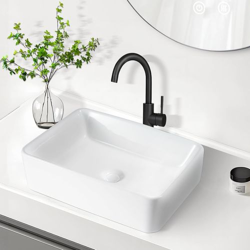 Lavabo Carré Céramique à Poser, 48x37x13,5cm, Finition Nano Effet Lotus, Blanc