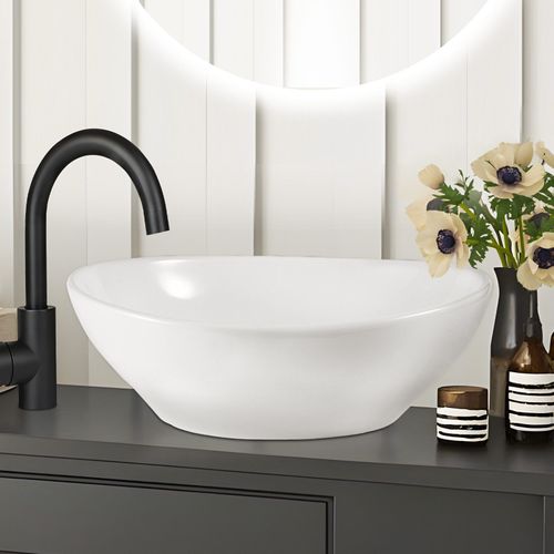 Lavabo Ovale Céramique à Poser, 41x33x14,5cm, Nano Effet Lotus, Blanc.