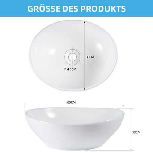 Lavabo Ovale Céramique à Poser, 41x33x14,5cm, Nano Effet Lotus, Blanc.