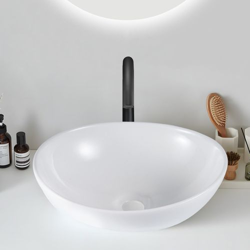Lavabo Ovale Céramique à Poser, 41x33x14,5cm, Nano Effet Lotus, Blanc.