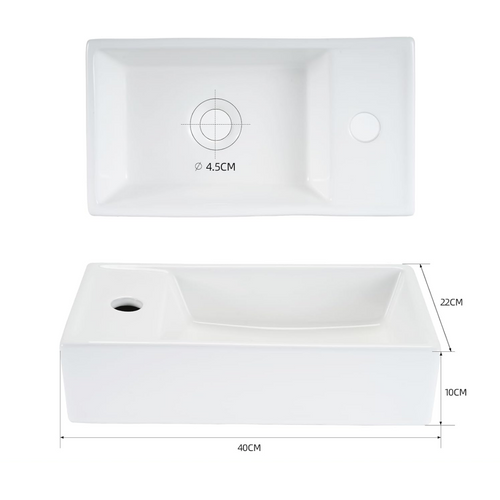 Lavabo Carré Céramique Mural 40x22x10cm, Blanc Avec Trou Pour Robinet