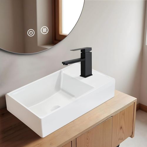Lavabo Carré Céramique Mural 40x22x10cm, Blanc Avec Trou Pour Robinet