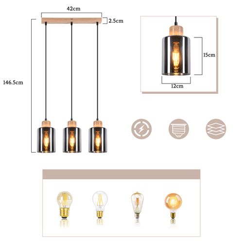 Suspension En Bois Pour Table à Manger Vintage 3 Flammes E27 Lampe De Salle à Manger Industrielle