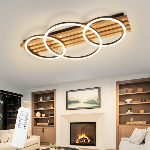 Plafonnier LED Dimmable En Bois : 70cm, 46w, 3 Anneaux, Design Moderne,  Avec Télécommande