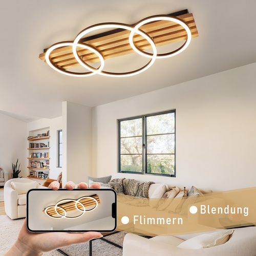 Plafonnier LED Dimmable En Bois : 70cm, 46w, 3 Anneaux, Design Moderne,  Avec Télécommande