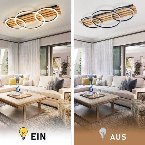 Plafonnier LED Dimmable En Bois : 70cm, 46w, 3 Anneaux, Design Moderne,  Avec Télécommande