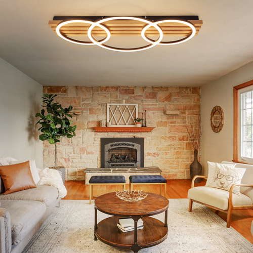 Plafonnier LED Dimmable En Bois : 70cm, 46w, 3 Anneaux, Design Moderne,  Avec Télécommande
