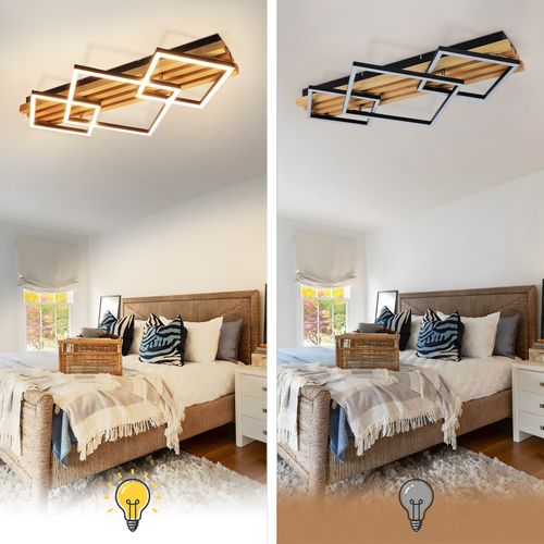 Plafonnier LED Bois Dimmable (mémoire) : 70cm, 46w, Design Carré Noir – Pour Salon